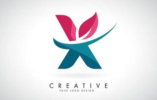 lettre bleue et rouge x avec feuille et création de logo swoosh créatif. vecteur