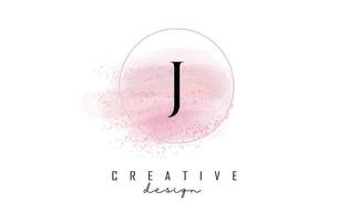 création de logo de lettre j avec cadre rond pailleté et fond aquarelle rose. vecteur