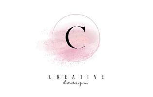 création de logo de lettre c avec cadre rond pailleté et fond aquarelle rose.