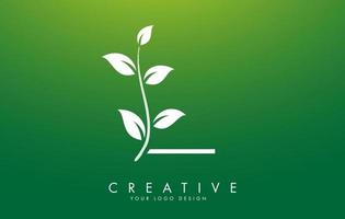 création de logo de lettre l de feuille blanche avec des feuilles sur une branche et un fond vert. lettre l avec le concept de la nature. vecteur