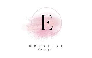création de logo de lettre e avec cadre rond pailleté et fond aquarelle rose.