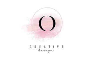 création de logo de lettre o avec cadre rond pailleté et fond aquarelle rose. vecteur
