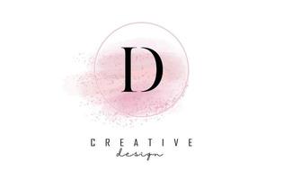 création de logo de lettre d avec cadre rond pailleté et fond aquarelle rose.