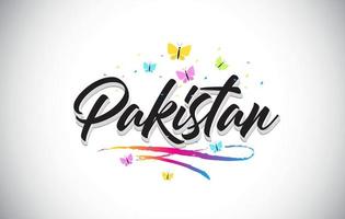 pakistan texte de mot vectoriel manuscrit avec papillons et swoosh coloré.