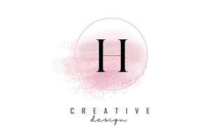 création de logo de lettre h avec cadre rond pailleté et fond aquarelle rose.