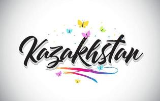 texte de mot vectoriel manuscrit du kazakhstan avec des papillons et un swoosh coloré.