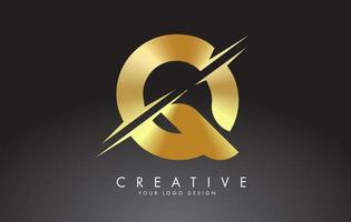 création de logo de lettre q doré avec des coupes créatives. vecteur