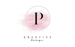 création de logo de lettre p avec cadre rond pailleté et fond aquarelle rose.