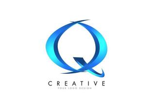 logo de lettre q créatif avec des éclats lumineux 3d bleus. vecteur d'icône swoosh bleu.