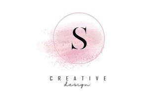 création de logo de lettre s avec cadre rond pailleté et fond aquarelle rose.