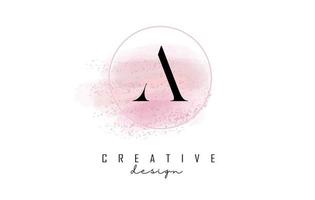 une création de logo de lettre avec un cadre rond pailleté et un fond aquarelle rose. vecteur