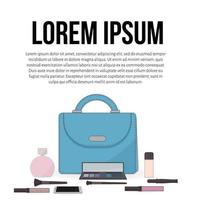 sac à main, parfum, cosmétiques et téléphone portable. le contenu du sac à main d une femme. concept de blogueuses beauté, mode et glamour. conception vectorielle facile à modifier pour les médias sociaux, la carte des maquilleurs, etc. vecteur