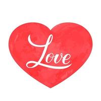 lettrage de calligraphie d'amour écrit sur un coeur peint à l'aquarelle rouge. affiche de typographie de la saint-valentin. élément de conception facile à modifier pour la bannière, l'invitation, la carte de voeux, les t-shirts, le logo, le dépliant, etc. vecteur