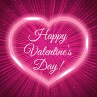carte de voeux rose joyeux saint valentin avec coeur néon sur fond de rayons brillants. illustration vectorielle romantique. modèle de conception facile à modifier. vecteur