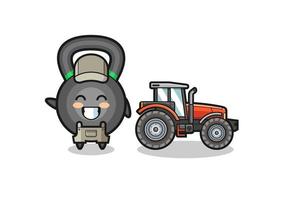 la mascotte du fermier kettlebell debout à côté d'un tracteur vecteur