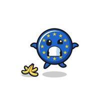 La caricature du drapeau euro est glissée sur une peau de banane vecteur