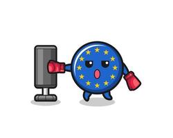 Caricature de boxeur de drapeau euro faisant une formation avec un sac de boxe vecteur