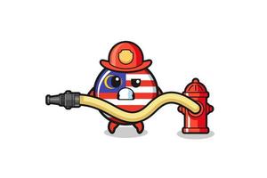dessin animé de drapeau de la malaisie comme mascotte de pompier avec tuyau d'eau vecteur