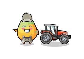 la mascotte du fermier de papaye debout à côté d'un tracteur vecteur