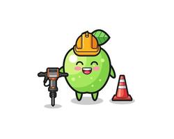 mascotte de travailleur routier de pomme verte tenant une perceuse vecteur