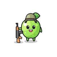 Adorable mascotte de pomme verte en soldat vecteur