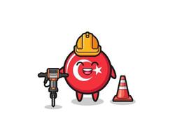 La mascotte du travailleur routier du drapeau de la Turquie tenant une perceuse vecteur