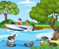 scène de forêt fluviale avec voyageur sur un bateau rapide vecteur