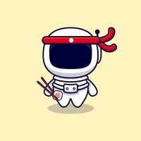 astronaute mignon mangeant une illustration d'icône de vecteur de dessin animé de rouleau de sushi. style cartoon plat