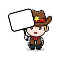 mignon petit cowboy tenant une illustration de mascotte de tableau de texte vierge vecteur