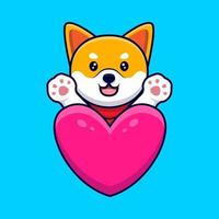 mignon chien shiba inu agitant des pattes derrière une illustration d'icône de dessin animé grand coeur vecteur