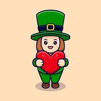 lutin mignon tenant un personnage de dessin animé coeur rouge pour la saint patrick vecteur