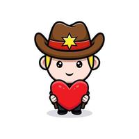 mignon petit cowboy tenant une illustration de mascotte de coeur vecteur