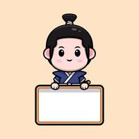 icône de dessin animé mignon samouraï garçon mascotte. illustration de personnage de mascotte kawaii pour autocollant, affiche, animation, livre pour enfants ou autre produit numérique et imprimé vecteur