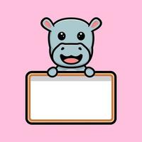 hippopotame mignon tenant la conception de mascotte de tableau de texte vierge vecteur