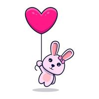 jolie fille de lapin flottant avec illustration d'icône de conception de ballon coeur vecteur