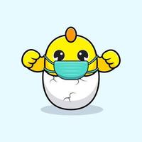 poussins mignons portant un masque pour prévenir l'illustration de mascotte de vecteur de virus