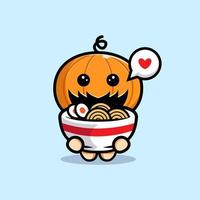 personnage de citrouille mignon aime illustration de dessin animé de nouilles ramen vecteur