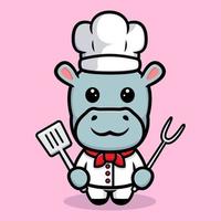 conception de mascotte de chef hippopotame mignon vecteur