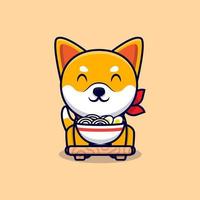 mignon chien shiba inu aime l'illustration de l'icône de dessin animé de nouilles ramen vecteur
