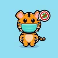 tigre mignon portant un masque à la mascotte de dessin animé de virus de prévention vecteur