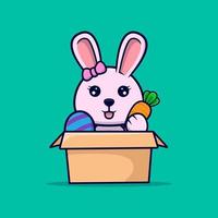 jolie fille de lapin à l'intérieur de carton avec illustration d'icône de conception de carottes et d'oeufs de pâques vecteur