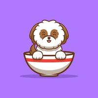 chiot shih-tzu mignon assis à l'intérieur de l'icône de dessin animé bol ramen illustration vecteur