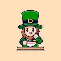 lutin mignon mangeant un personnage de dessin animé de nouilles ramen pour la saint patrick vecteur