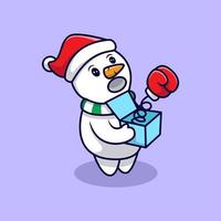 illustration vectorielle de mignon bonhomme de neige surprise boîte mascotte dessin animé. vecteur