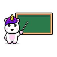 professeur mignon de licorne avec la conception de mascotte de tableau vecteur