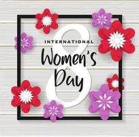 modèle de conception d'affiche de la journée de la femme. illustration vectorielle avec des fleurs en papier rouge et violet et un cadre carré noir sur une texture en bois vecteur