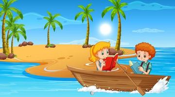 paysage de plage avec des enfants en bateau en bois vecteur