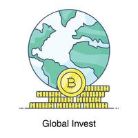 globe avec l'icône de concept d'investissement global de bitcoins vecteur