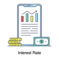 graphique de croissance à l'intérieur du smartphone avec l'icône du taux d'intérêt des billets de banque vecteur