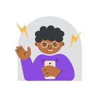 un homme en colère regarde le téléphone avec des émotions négatives. homme en colère avec une expression faciale irritable tenant une illustration vectorielle de smartphone à plat. vecteur